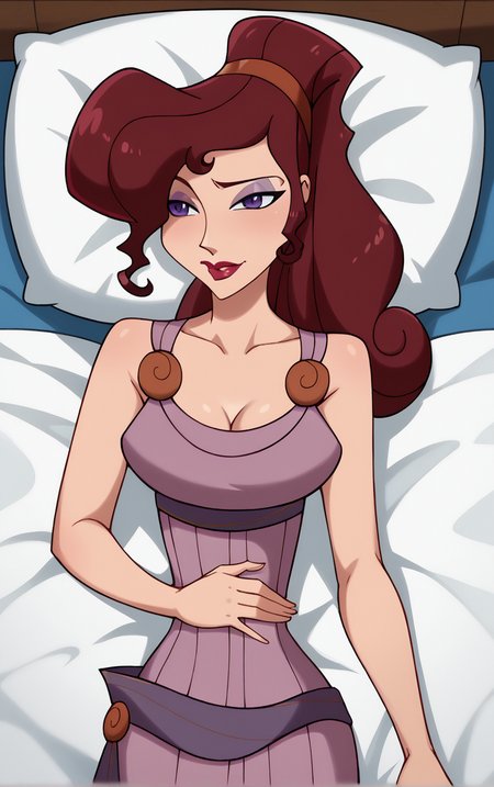 score_9, score_8_up, score_7_up, BREAK
MainOutfit_Megara_ownwaifu, 
1girl, big hair, breasts, curly hair, eyelashes, hair bun, high ponytail, long hair, makeup, narrow waist, purple eyes, purple eyeshadow, red hair, red hairband, red lips, lipstick, medium breasts, dark skin, dark-skinned female, hair over one eye, collarbone, 
purple dress, sleeveless dress, cleavage, clothes around waist, sleeveless, bare shoulders, long dress,
(lying,  on bed, on back), pillow, from above, indoors, <lora:PONYXL_Hercules_Megara_ownwaifu:1> , depth of field, solo,