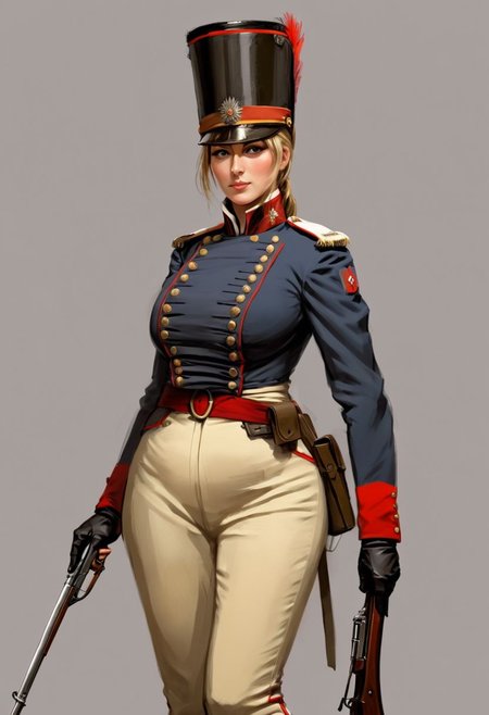 (Conceptual Art in jrst artstyle:1.2) about a female 
Napoleonic French soldier, concept art; busty, large breasts, slender