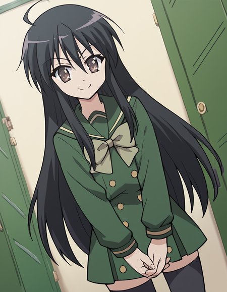 score_9, score_8_up, score_7_up, source_anime, <lora:shakugan-no-shana-s1-ponyxl-lora-nochekaiser:1>, shana, long hair, black hair, brown eyes, ahoge, sidelocks,, school uniform, serafuku, green serafuku, bowtie, green bowtie, green shirt, green sailor collar, long sleeves, green skirt, buttons, thighhighs,, school hallway, lockers, between classes, everyday life, smile, <lora:gendou-pose-ponyxl-lora-nochekaiser:1>, gendou pose, own hands clasped, own hands together, parody,, looking at viewer, solo,, dutch angle, cowboy shot