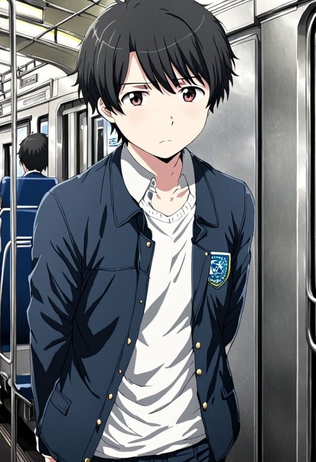 high resolution, solo, best quality, 1Boy, Inaho Kaizuka, Black Hair, train, inside train, OverallDetail