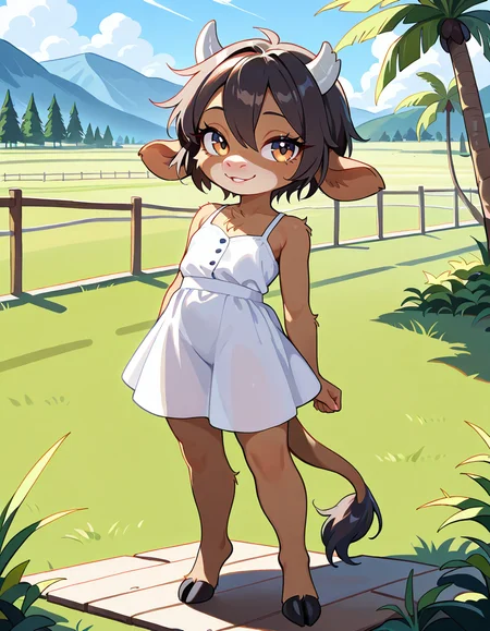 masterpiece, best quality, very aesthetic, absurdres,
outdoors, dressed,
standing, posing, 
full body, seductive smile, parted lips, long eyelashes,
<lora:Manitka_Storm_v01_NAIXL:1>
Man1tkaStorm,1gilr,solo,furry,furry female,cow girl,cow ears,cow horns,short hair,black hair,hair between eyes,brown hair,body fur,brown fur,cow tail,hooves,