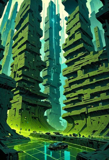 (Screen print:1.3) cinematic aerial view of a sprawling metro-plex city. focused on busy canal leading to the shattered stone circle in the middle of the city. dynamic camera, dark scifi, ((masterpiece,best quality)),  ((electricity)), green glow, amber theme:1.3 cyberpunk,  neo-aztec, great lighting, hard shadows vertical, great lighting, shadowrun_character, shadowrun_dungeon, shadowrun_surface, shadowrun_dungeon_party, shadowrun_party, cyberpunk, netrunner, enforcer, shaman, oni, courier, neo-aztec, high-tech lowlife, masculine, feminine