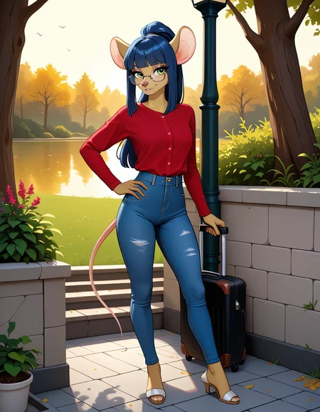 masterpiece, best quality, very aesthetic, absurdres,
outdoors,casual, 
full body, standing, posing, 
seductive smile, parted lips, long eyelashes,
<lora:Dewey_Teagarden_v01_NAIXL:1>
D3w3y,1girl,solo,furry,furry female,mouse girl,mouse ears,long hair,blue hair,high ponytail,sidelocks,blunt bangs,green eyes,semi-rimless eyewear,snout,animal nose,body fur,yellow fur,mouse tail,