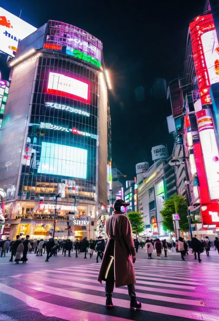 ((futuristic setting)),1man wearing futuristic reality goggles with red and green lights, walking in a futuristic city with a digital billboard behind, ((cyberpunk)), the city has bright pink and aqua neon lights,
BREAK,
the man is wearing a brown long overcoat with gray sweater and dark jeans pants with red glowing details,
BREAK,
shibuyaSK, night, road, city, street, crosswalk, multiple people, cyberpunk scenery, sign, outdoors, real world location, lamppost, building, cityscape, 6+people, traffic light, sidewalk, car, ((pink and aqua neon lights)), sky, pavement, skyscraper, vanishing point, night sky,
BREAK,
middle range picture, depth of field, best quality, digital art style, masterpiece,