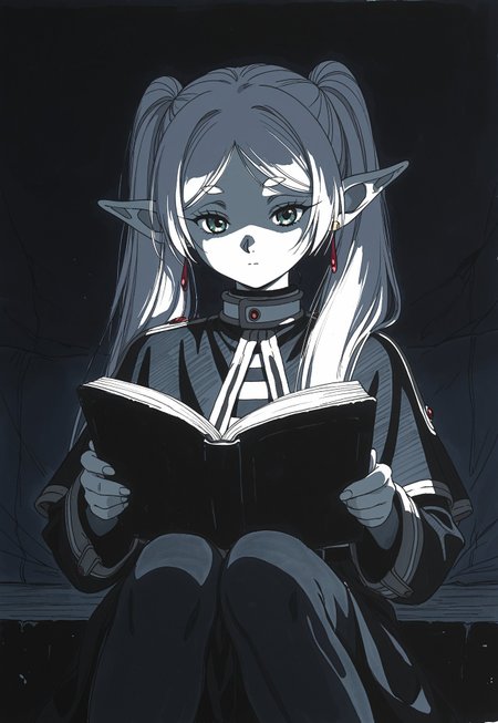 masterpiece, best quality, dark theme, 1girl,  1990s \(style\), 1994, traditional media, rough sketch, linear hatching, frieren, reading book
