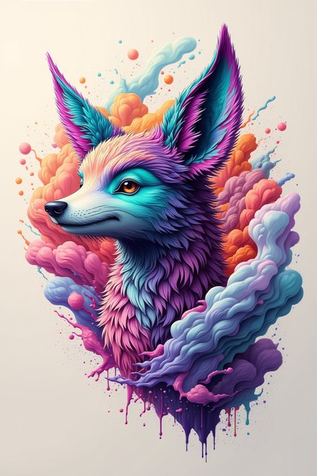A close-up profile of a whimsical creature amidst a fluxing tration of swirling clouds and misty tendrils. The subject's features are rendered in vibrant hues, with bold brushstrokes and textured fur blending seamlessly into the soft, gradient-filled background. A simple yet striking composition that showcases the creature's unique essence. fluxtration