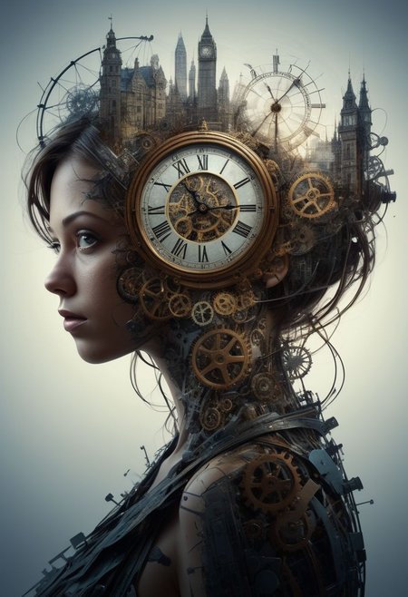 mysterious silhouette of a time-travelling woman, time lapse, past behind, future in front, inside of a clock, gears, goddess, alluring, by Minjae Lee, Carne Griffiths, Emily Kell, Steve McCurry, Geoffroy Thoorens, Aaron Horkey, Jordan Grimmer, Greg Rutkowski, amazing depth, double exposure, surreal, geometric patterns, intricately detailed, bokeh,  perfect balanced, deep fine borders, artistic photorealism , smooth,  great masterwork by head of prompt engineering   <lora:add-detail-xl:2>  <lora:Double_Exposure:0.5>