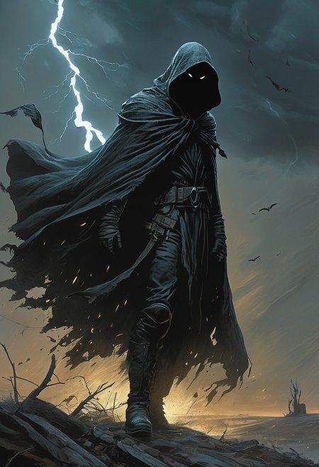 hidden face, mysterious, hooded, full body, dark enigmatic warrior, 
tornado,
 tattered cloak that billows in the wind, art by Wayne Barlowe, horror, eclipse, shadow, faceless, boots. eyeless