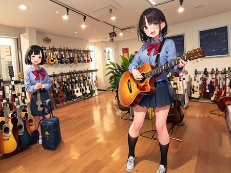masterpiece, best quality, ultra-detailed, illustration,
(2girls:1.4), school uniform,  school bag,  smile ,
guitarshop, guitar, instrument, electric guitar, bass guitar, amplifier, gibson les paul, drum, acoustic guitar, speaker, wooden floor, indoors, 
 <lora:guitarshop:0.8>