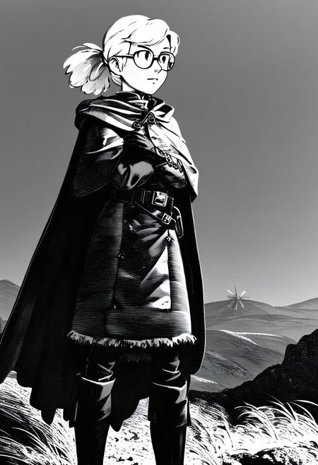 "0":"d00r0n, (monochrome:2), windmill, hilly landscape, bright sun, clear sky",
score_9, score_8_up, score_7_up, score_6_up, 
(1girl:2), solo, standing,  <lora:banpaiakiraXL_P6_lokr_V4236:0.6> Davidsm,David's mom is standing next to windmill, highly detailed face, ( glasses, tied pigtail,Cape,Fitted jacket, black gloves, belt, boots :1.8), 1girl, white hair, (Cape,Fitted jacket, black gloves, belt, boots:1.2), 
<lora:loraeyesxl:0.4>
