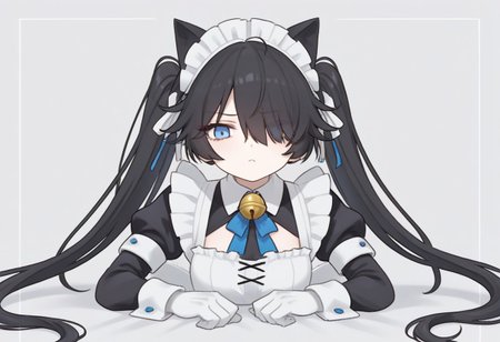 (Maid-kasli), solo, white gloves, dress, hair over one eye, maid apron, blue eyes, twintails, cat ears, maid headdress, maid, gloves, 1girl, apron, juliet sleeves, long sleeves, long hair, black hair, animal ears, bell,(Fall down),