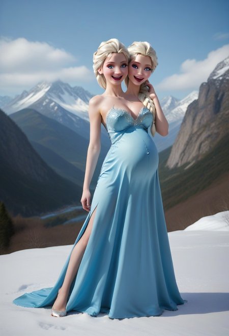 score_9, score_8_up, score_7_up, score_6_up, score_5_up, 
photograph, profile view, full body, looking at viewer, perfect face, perfect body, flawless face, conjoined, 2 heads, 2-headed, big breasts, perky breasts, pregnant, pregnant belly,
(photo of Elsa), light makeup, eye shadow, big eyes, 22-years-old, blonde hair, hair in braid, blue eyes, tight light blue evening gown with snowflakes on it, light blue heals, fit body, 1girl, smiling, 1girl, singing, sexy pose, masterpiece,
BREAK: ice palace in background, snow and ice on the top of a mountain, cinematic lighting, volumetric lighting,