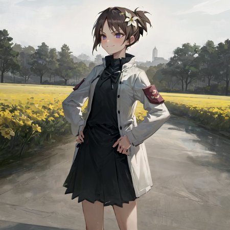 masterpiece, best quality, absurdres, detailed, 1girl, solo, AkiraGGN, short hair, brown hair, purple eyes, sundress, flower field, medium breasts, parted bangs, ponytail, standing, hands on hips, smug, smirk <lora:AkiraGGN:1>