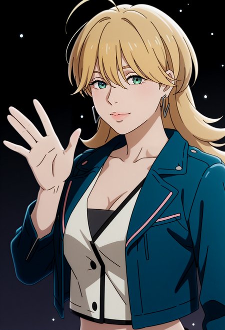 <lora:Gradient_Background:1> Gr_Back, Gradient Background, dark background,(upper body:1.4),female focus, magic light particles, waving at viewer, close up, high detail face,
workoutfit1, 1girl, long blonde hair, bangs, messy hair, blue eyes, medium breast, cleavage | blue jacket, cropped jacket, short jacket, collared jacket, long sleeves, pink trim | white light-colored vest, sleeveless vest, buttoned vest, black bra (visible under vest), tube top (visible under vest), midriff (visible) | black long pants, ripped knees, torn pants,  
 <lora:Christine_Lazarus _IL:1>