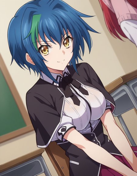score_9, score_8_up, score_7_up, source_anime,
xenoviaquarta, <lora:dxd-xenovia-quarta-ponyxl-lora-nochekaiser:1>,
xenovia quarta, short hair, blue hair, yellow eyes, multicolored hair, green hair, two-tone hair, streaked hair, smile,
shirt, ribbon, school uniform, white shirt, black ribbon, neck ribbon, capelet, black capelet, long sleeves, skirt, red skirt,
indoors, classroom, sitting, desk, chair,
looking at viewer, dutch angle, cowboy shot,