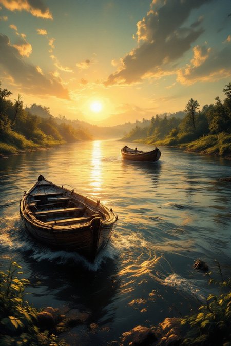 Spooky Art Drawing. aidmafluxpro1.1. A serene landscape of the mighty Volga River, with its incredibly beautiful waters stretching across the frame, glistening softly under a warm golden light at sunset. The river's gentle ripples and subtle currents create a sense of movement, as if life is flowing through it. In the distance, lush greenery and rustic wooden boats dot the tranquil landscape.