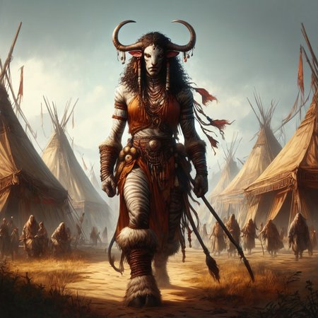 score_9, score_8_up, score_7_up, a tauren shaman Avatar navi alien with white skin, female, meadow plains background, supported by long walking stick, giant curling horns