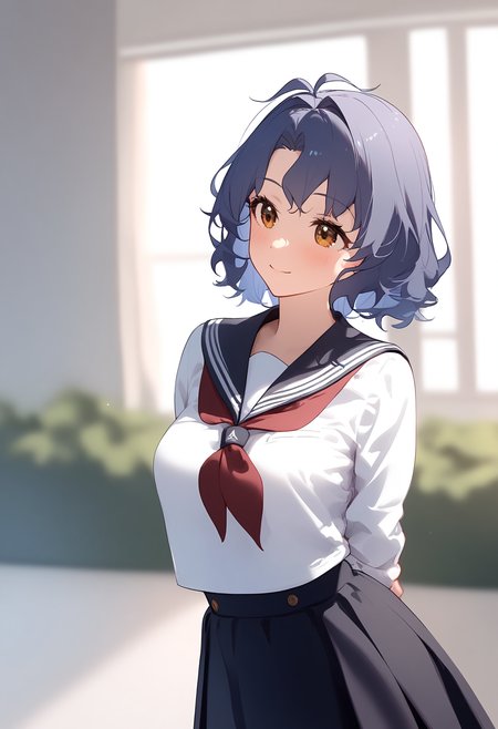 1girl,
toyokawa fuka,


blush, blue hair, high-waist skirt, breasts, indoors, window, sunlight, black skirt, school uniform, blurry background, wavy hair, arms behind back, sailor collar, skirt, dark blue hair, neckerchief, looking to the side, shirt, white shirt, red neckerchief, solo, blurry, alternate costume, long sleeves, short hair, yellow eyes, serafuku, hair intakes, medium breasts, smile, looking away, black sailor collar, depth of field,

sfw
<lora:a31_char_new_toyokawa_fuka:1> <lora:a31_style_koni-000010:0.8>
