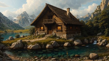 A rustic log cabin on the edge of a tranquil mountain lake, where canoes rest on a pebble-strewn shore,, Cinematic lighting,, 20mm, F12, ISO 200, 1/160s, natural light, Adobe Lightroom, photolab, Affinity Photo, PhotoDirector 365, trending on Artstation, award-winning, art by Chris Moore, by Studio Ghibli  <lora:SDXLFaeTastic2400:0.8>  <lora:EnvyFeverDreamXL01a:0.7>   <lora:The_Classic:0.8>
