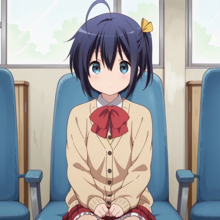 masterpiece, best quality, amazing quality, 1girl, solo, one side up, school uniform, blue eyes, ahoge, short hair, sitting, black hair, ribbon, blue hair, parody, chair, looking at viewer, cardigan, no eyepatch, <lora:Takanashi_Rikka:0.7>