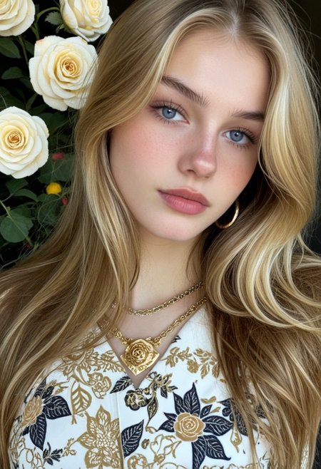 Full sexy female portrait, ornaments, flowers, golden jewelry, golden tattoos, fractal patterns, fully clothed, 8k UHD. A stunning blonde woman with blue eyes, wearing a form-fitting bodysuit with floral and fractal designs in blue, red, and gold. Intricate golden jewelry and tattoos. Background features golden roses and floral patterns, soft warm lighting.
 (8k uhd:1,4)
 <lora:add-detail-xl:1>
 <lora:Dynamic Poses:1>