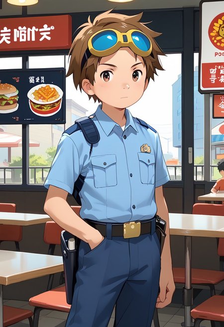 score_9, score_8_up, score_7_up, zPDXL2, 
,
1boy, solo, goggles on head, brown hair, male Japanese Summer Police Uniform,light-blue collared shirt, rank slides,hip holster,
Fast Food Restaurant