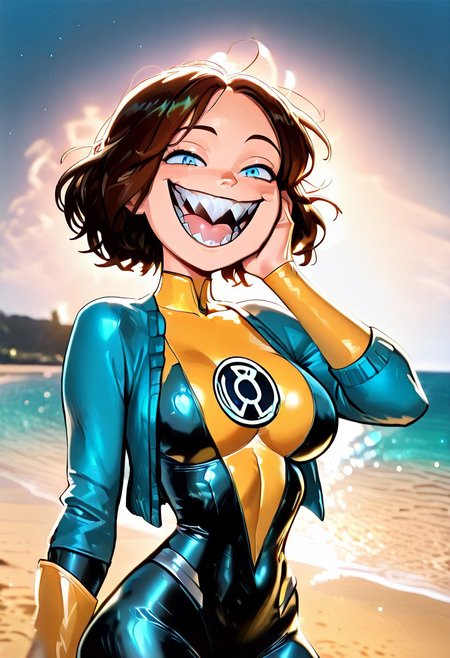 masterpiece, newest,absurdres,incredibly absurdres, best quality, amazing quality, very aesthetic, 
, depth of field, blurry foreground, bokeh,Beach , palmeras, solo,1girl, evil smile, sharp teeth, upper body, close up, open mouth,,melodii, brown hair, 1girl, evil smile, sharp teeth,NathMine, 1girl, short hair, wavy hair, brown hair, blue eyes, blue cardigan over bodysuit,  blue cardigan, 
,
SinestronCOS,thighhighs,skin tight,bodysuit,superhero,black bodysuit,yellow bodysuit,sinestrocorps symbol on chest,  knee boots, yellow boots, sinestrocorps  symbols on chest,
, toon art style, western cartoon,
, hand on  cheek ,
re4lity_sync_illu