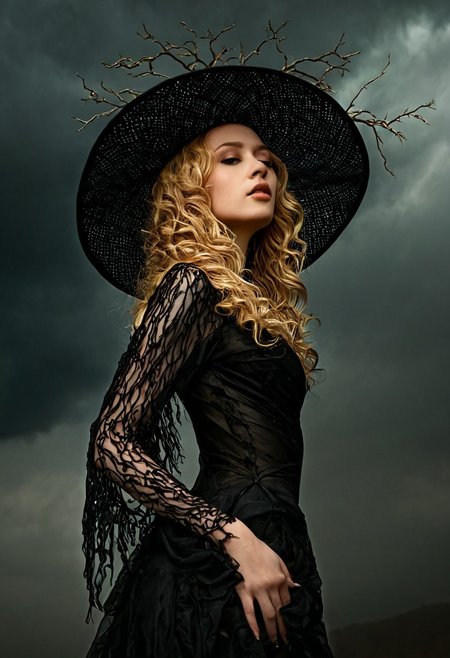 This is a highly detailed, photorealistic digital artwork featuring a striking, statuesque woman with an ethereal, almost mythical appearance. She stands against a dramatic, dark, cloudy sky, suggesting an ominous, almost stormy atmosphere. Her skin has a porcelain complexion and she has long, wavy, golden-blonde hair cascading down her back, styled in loose waves. She wears a large, black, wide-brimmed hat adorned with intricate, twisted, branch-like designs, adding to her otherworldly aura.