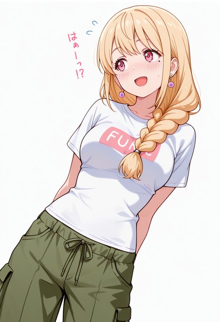 masterpiece,high quality details, absurdres,
 <lora:Yuriko:0.8>
yuriko_cnr, 1girl, blonde hair, long hair, single braid, pink eyes, mole, mole under eye,earrings,, simple background, white background, dutch angle,solo,, flustered,stifled laugh,, ^o^,, upright posture,dynamic pose,slight head tilt,, t-shirt,bustier  ,cargo pants, ,var-legwear,