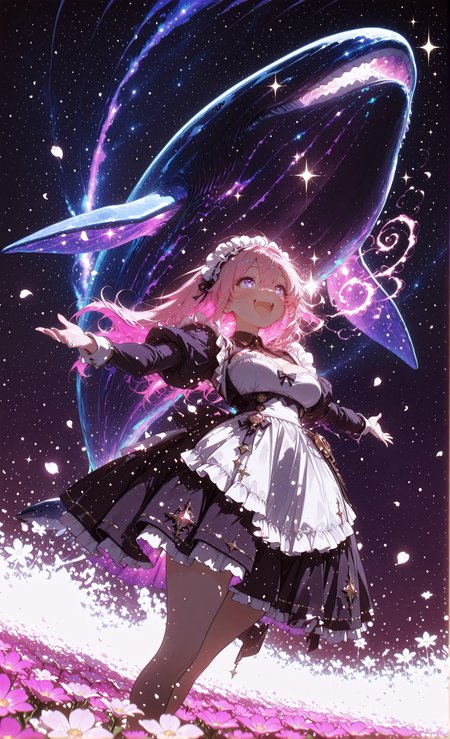 masterpiece, sharp detail, intricate detail, hair shader, 1girl, <lora:CivChan:0.8> CivChan, purple eyes, pink hair, maid uniform, cleavage, long hair, floating hair,  looking up, outstretched arms, laughing, smile, happy, open mouth, flower field, starry sky,  (holographic colors, light painting clothes), multicolored hair, colored inner hair,(neon palette), bare foot, falling petals,  upper body, from below, dutch angle, dramatic highlights, backlit illumination, ethereal glow, magical atmosphere, swirling energy, light waves, face highlights, sparkling particles, BREAK (whale in space), cosmic whale, space creature, glowing whale, neon lines on whale, BREAK chiaroscuro, volumetric lighting, dappled light, dramatic shadows, cinematic lighting, detailed background, light and shadow contrast, <lora:aboba_prime_3:0.7>, <lora:Bright_style:0.7> Bright_illu, sparkle,