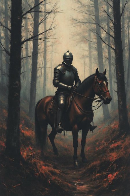 apoca1 illustration. a knight on an horse in a forest  <lora:apocalypse_now1_fl_d4a2:1.0><lora:803273470067734317:0>