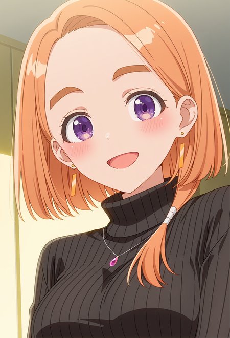 <lora:BANRI SHIUNJI:1>,
BANRI SHIUNJI,purple eyes,thick eyebrows,hair over shoulder,forehead,orange hair,
jewelry,solo,black sweater,earrings,sweater,turtleneck,looking at viewer,necklace,smile,turtleneck sweater,upper body,open mouth,ribbed sweater,:d,breasts,blush