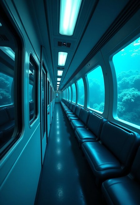 A sleek, futuristic underwater train speeding through the abyssal depths of the ocean. The train's panoramic windows reveal stunning views of bioluminescent sea creatures and mysterious underwater landscapes. Inside, the train is equipped with advanced technology and comfortable seating. Soft, ambient lighting and a tranquil atmosphere make it a serene journey, despite the eerie, almost alien scenery outside.