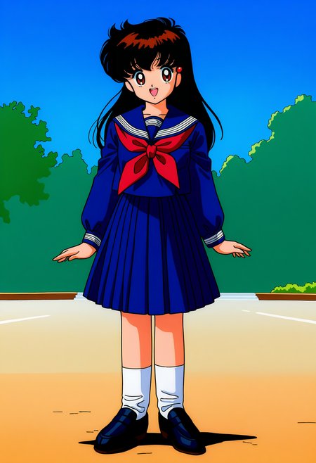 miyazaki_tihiro, 1girl, solo, long hair, looking at viewer, open mouth, smile, full body, black long hair,
BREAK school ground, outdoors,
skirt, long sleeves, hair ornament, school uniform, pleated skirt, serafuku, sailor collar,  neckerchief,  retro artstyle, <lora:miyazaki_tihiro_IL1.1:0.8>