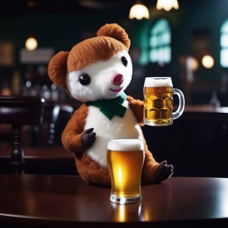 cinematic photo a stuffed animal having a beer in a pub <lora:Colargol1024:0.9> . 35mm photograph, film, bokeh, professional, 4k, highly detailed