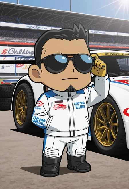 1boy, sunglasses, full body, hand on eyewear, looking afar, (chibi:2.0), hand in pocket, leaning on car,
BREAK
<lora:Tsutomu_Muranaka_from_Detective_Conan_The_Bride_of_Halloween_v1.0:1>
tsutomumuranaka, mature male, black hair, short hair, goatee, no eyebrows, tan skin, anime screenshot,
BREAK
white racing suit, full body suit, zipper, logos, collar, long sleeves, racing gloves, racing boots,
BREAK
outdoors, racing track, f1 car, race car, pit lane, tire stack, safety barrier, sponsors logos,
BREAK
dynamic pose, vibrant colors, bright sunlight, reflections, asphalt,
BREAK
very awa, masterpiece, best quality, absurdres, newest, perfect quality, detailed background, intricate details,