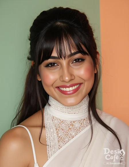 from front photo of n41n4 woman, hyper realistic photo that is safe for work, laughing, studio quality image with natural colors, well dressed wearing intricate turtleneck White Dhoti Saree, hair styled as  bangs,muted pastel shaded multicolored background that contrasts with the person, cinematic lighting,âââââ   <lora:n41na_Naina_Ganguly_Flux_Kohya_V1:0.9>âââ