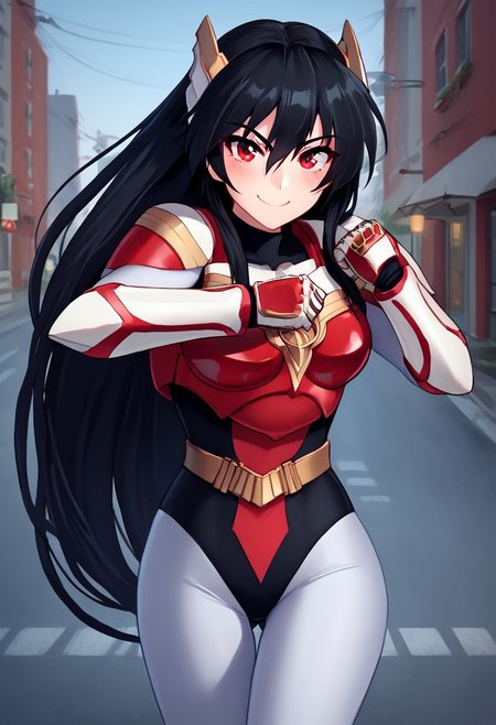 score_9, score_8_up, score_7_up, source_anime, zPDXL, zPDXLpg, <lora:offset_0.2:0.1>, <lora:spo_sdxl_10ep_4k-data_lora_webui:1>,
1girl, solo,
sazermithras, white bodysuit, black leotard, belt, armor, white gloves, gauntlets, boots, <lora:Sazer_Mithras:1>,
black hair, very long hair, hair between eyes, red eyes, tsurime,
light smile, blush, looking at viewer, facing viewer, cowboy shot, standing,
p4nch,looking at viewer, punching, clenched hand, motion lines, motion blur,ass visible through thighs,
outdoors, city, street,winter
