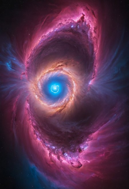 a dynamic and breathtaking image of the universe with vibrant colors and dramatic lighting. Show a swirling nebula in the foreground with bright, intense hues of blue, purple, and pink. In the background, depict a distant galaxy with spiraling arms and scattered stars. Include a supernova explosion, radiating brilliant light, and a mesmerizing black hole at the center, with cosmic debris swirling around it. Add a hint of distant planets and asteroids to create a sense of scale and depth. Make the entire scene feel alive and constantly in motion.