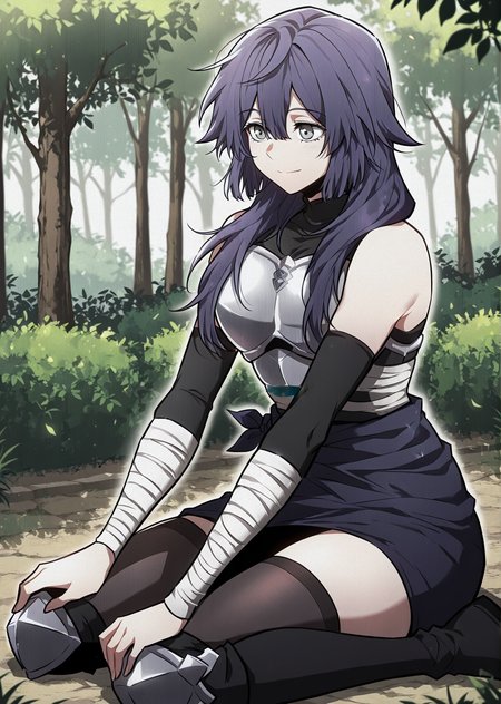 <lora:Lensa__The_Beginning_After_the_End__Illustrious:1>
Lensa, purple hair, dark ninja outfit, long purple hair, messy hair, layered hair, side bangs, gray eyes, black sleeveless top, armor chestplate, tied waist cloth, short skirt wrap, thigh-high black stockings, armored knees, athletic build
score_9, score_8_up, score_7_up, masterpiece, best quality, absurdres, perfect anatomy, 1girl, solo, wariza, sitting, hands on own knees, garden background