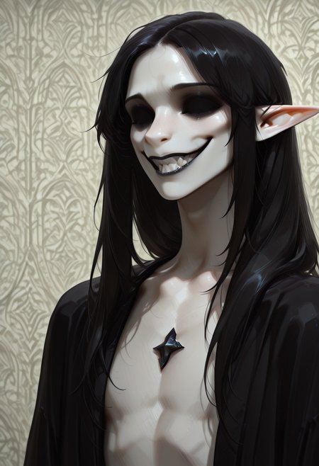 1 person, (lapanya, snout nose), solo, androgynous, pointy ears, sleek hair, straight hair, long hair, black hair, straight hair, parted hair, hair over shoulders, ((missing eyes)):1.5, (very pale skin, white skin), ((thin lips, black lips)), black cloak, tattered cloak, open cloak, bare chest, black gem embedded in chest,
(Grinning, wide grin, very sharp teeth, detailed teeth), looking at viewer,
Medieval style, Smooth colors, detailed face, smooth skin, smooth face, organic cavern background, clean lines, high quality, best quality, masterpiece, rating: safe, source: semi-realistic,