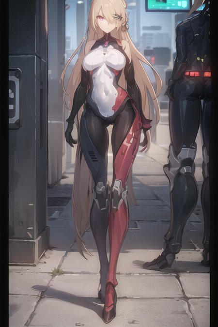masterpiece, (photorealistic:1.4), best quality, beautiful lighting,(ulzzang-6500:0.4), detailed, full body, sweet smile, Nemesis,  bangs, (cyberpunk_city), night street, black_border, blonde_hair, bodysuit, breasts, full_body, hair_ornament, hair_over_one_eye, joints, letterboxed, long_hair, looking_at_viewer, medium_breasts, pillar boxed, red_eyes, robot_joints, solo,  hair_ornament, hair_over_one_eye, hairclip, letterboxed, long_hair, coffee shop,
<lora:Nemesis_Tower_of_Fantasy:1>