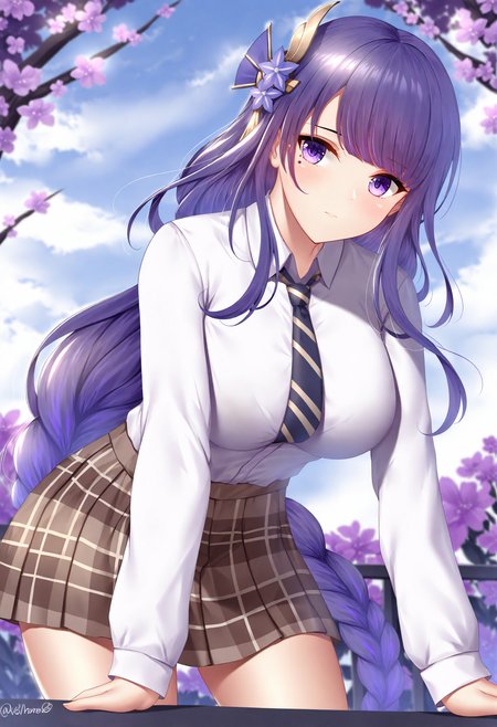 1girl, shirt, raiden shogun, skirt, solo, white shirt, necktie, purple eyes, hair ornament, sky, plaid skirt, long sleeves, purple hair, looking at viewer, plaid, outdoors, collared shirt, alternate costume, flower, cloud, blue sky, closed mouth, long hair, hair flower, pleated skirt, day, school uniform, blush, shirt tucked in, brown skirt, twitter username, blunt bangs, striped necktie, sidelocks, arm support, leaning forward, purple flower, artist name, cloudy sky, contemporary, cowboy shot,
masterpiece,best quality,newest,absurdres,highres,very awa,<lora:wsman1_noob1.1-000199:0.9>,