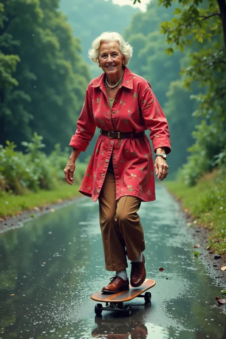 a grandmother skateboarding beautiful landscape, rainy day, woman, very intricate, very detailed, sharp, bright, colorful, <lora:Hand v2:0.5> <lora:Anti-Blur:1><lora:Insane Detail Slider:0.25>  <lora:flux.1_lora_flyway_Epic-detail_v2:0.3> <lora:fluxenhancer:0.25> <lora:ROWER:0.6> <lora:flux-charmer-v1-1:0.5>  <lora:Cassette futurism:0.8> casfutur, 1980s, 1970s