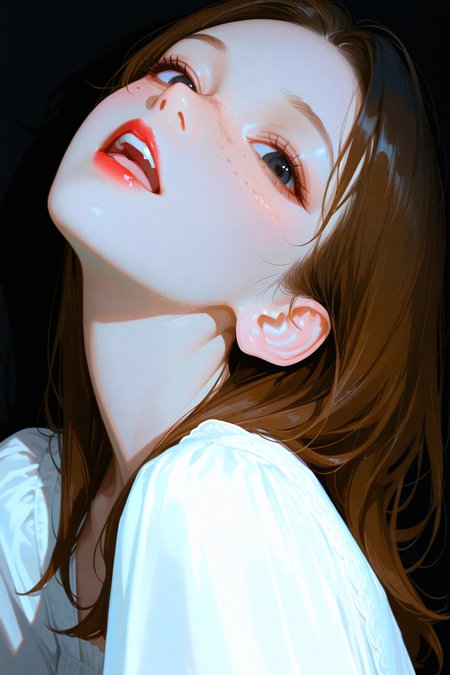 masterpiece, best quality, good quality, very aesthetic, absurdres, newest,portrait, realistic,photorealistic
BREAK
1girl, solo, long hair, looking at viewer, blush, open mouth, black eyes, brown hair, dress, upper body, parted lips, teeth, from side, looking to the side, lips, head tilt, upper teeth only, shadow, black background,  freckles, red lips,
BREAK
 <lora:ponyv5_noobV065S_1_adamW:0.7> <lora:USNR STYLE_XL_loha:0.45> <lora:748cmSDXL:0.4>