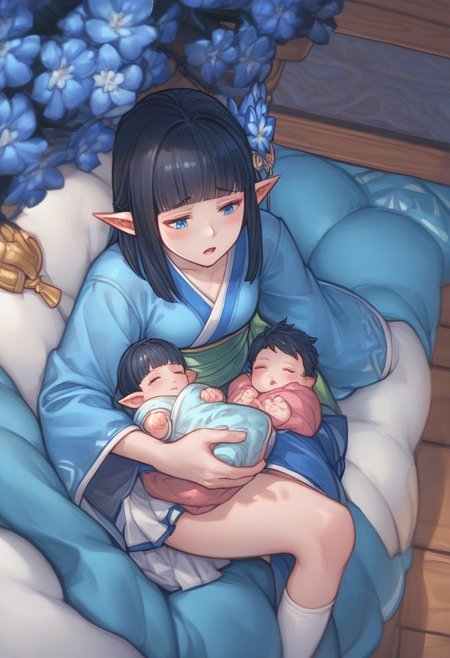 1girl, score_9,score_8_up,score_7_up, blanket over body, 
elf ,pointy ears, blue eyes and long black hair, couplelunia, short skirt blue kimono, long black hair mother, wide long sleeves blue kimono, white sock, green obi, himecut, hime cut, blush, black hair wife, blue eyes, close up shot, upper body, blue flower hairpin, white sock, opened mouth,
 looking down at baby, sitting down, (baby sleeping), baby carry, holding baby,