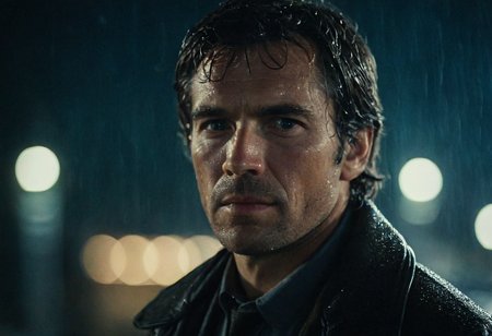 (80sPortrait), outdoors, man, night, street lights, raining, closeup