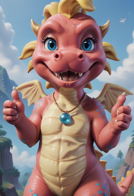 score_9, score_8_up, score_7_up, score_6_up, score_5_up, score_4_up, cassie \(dragon tales\), solo, wings, dragon, necklace, jewelry, female, no humans, looking at viewer, horns, blue eyes, outdoors, anthro, fangs, open mouth, colored skin, sky, day, scalie, blue sky, red skin, fangs out, standing, cloud, smile, thumbs up,