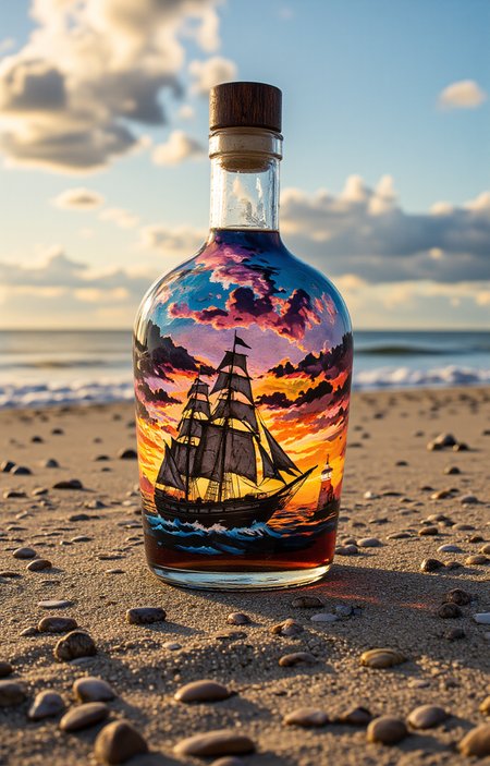 photograph featuring a glass bottle filled with a dark liquid, likely a beverage such as rum, lying on a sandy beach. The bottle's glass is intricately decorated with a vibrant, high-resolution painting of a classic sailing ship with multiple masts and sails, silhouetted against a stunning sunset sky. The sunset colors range from deep oranges and pinks near the horizon to blues and purples higher up, creating a dramatic and romantic atmosphere. The ship appears to be sailing into a golden glow of the setting sun, with waves and clouds reflected in the glass.The bottle is positioned on a sandy beach with small, smooth pebbles scattered around it. The sand is light beige, with a few larger pebbles and shells visible, adding texture to the scene. The background features gentle waves lapping at the shore, and the horizon is dotted with a few fluffy clouds. The sky transitions from a warm, golden hue near the horizon to a cooler blue higher up, enhancing the contrast and depth of the image. The overall mood is serene and evocative, capturing a sense of adventure and nostalgia., <lora:aidmaImageUpraderv0.3:0.4>, aidmaimageupgrader, <lora:diffusion_pytorch_model:1>, <lora:aidmaMJ6.1_v0.5_3:0.7>, aidmaMJ6.1, ultra quality, ultra detailed, intricate details