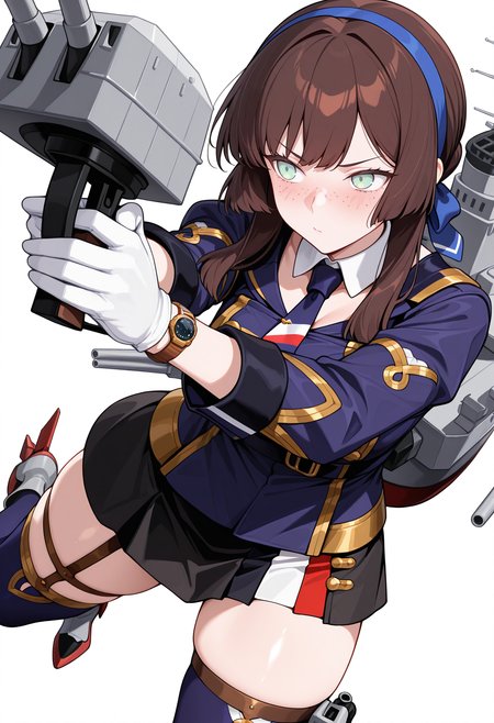 white background, simple background, mgdrkai, blue hairband, uniform, detached collar, blue jacket, necktie, gold trim, black belt, long sleeves, white gloves, wristwatch, black skirt, french flag print, single garter strap, indigo thighhighs, rudder footwear, rigging, <lora:_mogador_kc-elesico-ilxlA:1> turret, holding gun, dynamic pose, aiming, blush, highres, best quality, masterpiece,
1girl, solo, kcmogador, brown hair, sidelocks, green eyes, freckles,